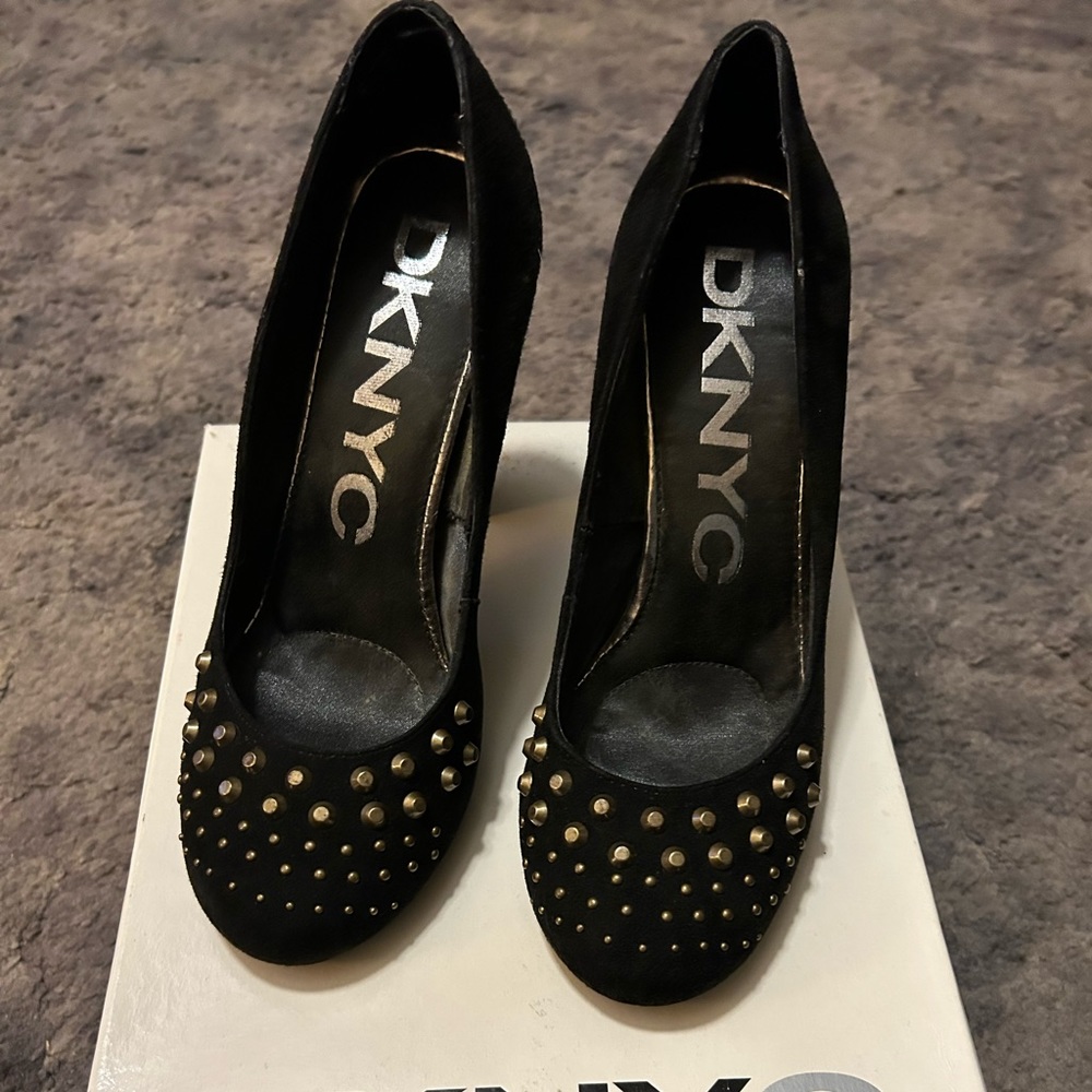 DKNY black suede heels with studs